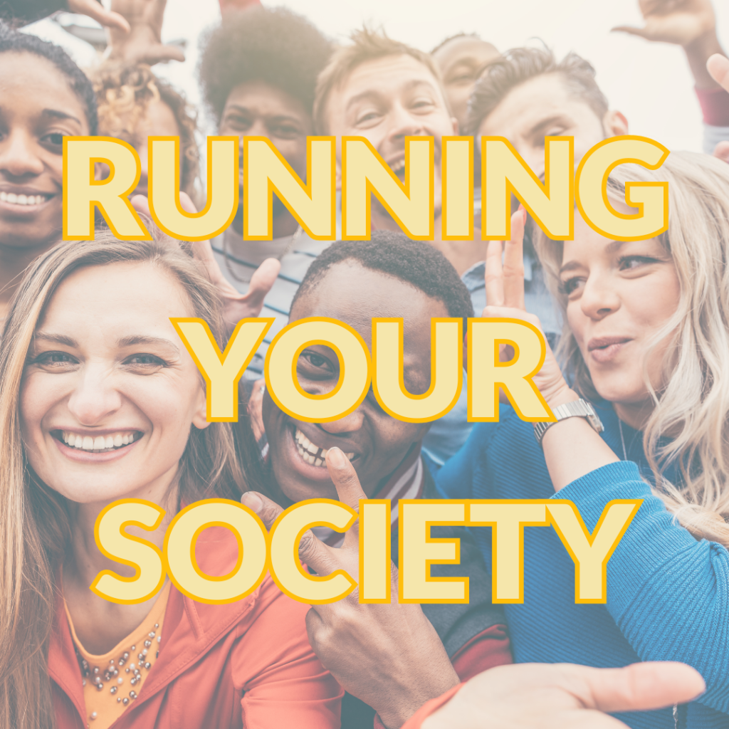 "Running Your Society", in the background a group of people in colourful clothes are huddling and laughing.